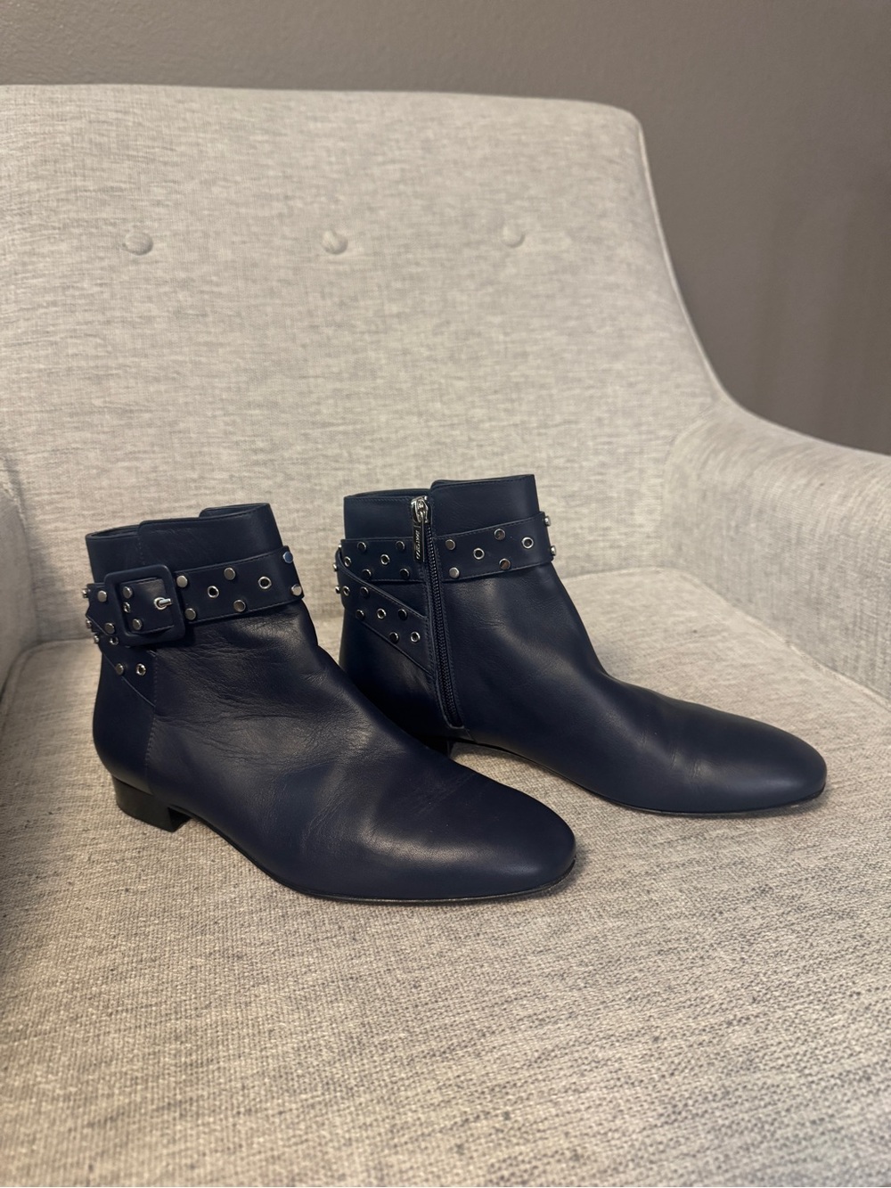 Jimmy Choo Navy Leather Studded Ankle Boots